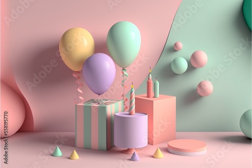 Minimal stylish Birthday Party in pastel colors. Generative AI
