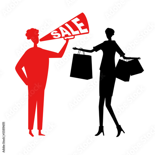 Abstract vector image of a man announcing a sale and a woman with a lot of shopping bags rushing to him