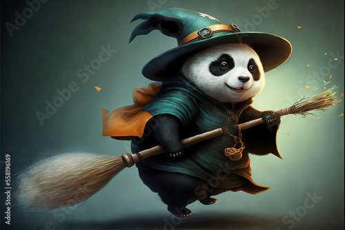 Photographie epiphany hag panda riding a broom illustration generative ai