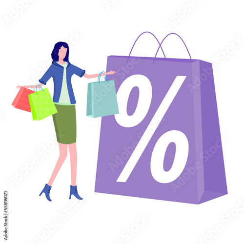 A girl with a large pile of shopping bags on the background of a bag with a discount and sale symbol