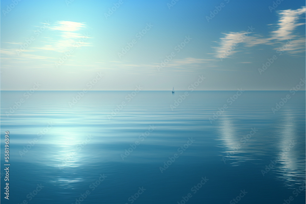 Illustration of a blue sky and calm sea. Created with Generative AI Technology