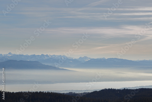 Vue du Mont Blanc enneig   depuis le cr  t de la neige dans le Jura au coucher de soleil