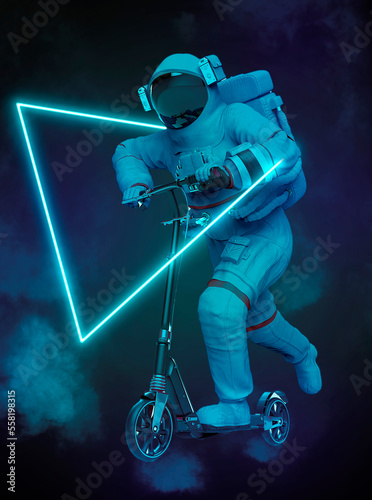 astronaut is riding a scooter on white background rear view