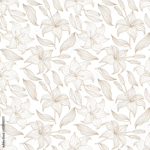 Lilly hand drawn line art flower with leaves, seamless pattern for textile or background © Oksana