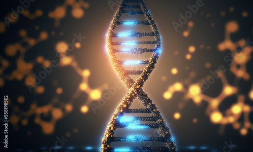 DNA Molecule Spiral Chromosome Chain at blue Digital Background. Genetic Code Strands Structure and Polynucleotide Chains. Generative AI. photo