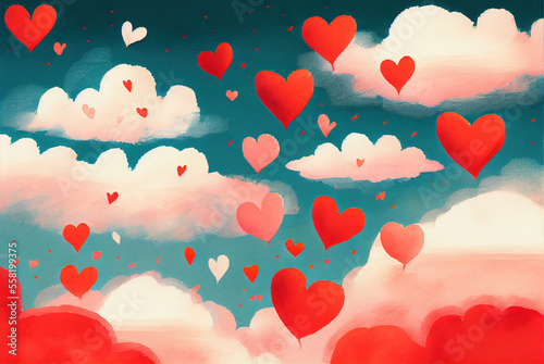 Clouds in a shape of heart floating in the sky, abstract happy valentines day love themed background, watercolor painting created with Generative AI technology