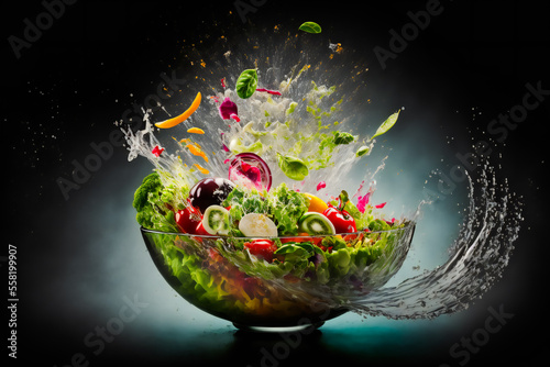 Fresh ingredients for salad falling into bowl on black background. Image created with Generative AI technology.