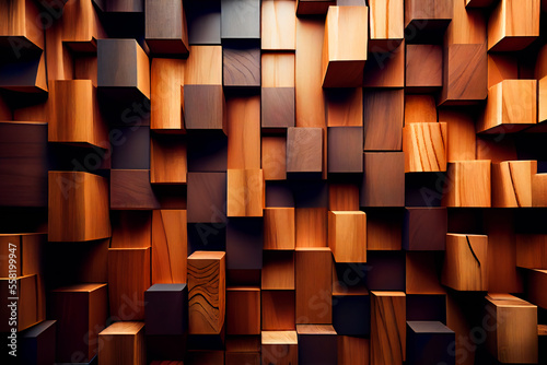  interior wall decorated with wood. wooden background wall from cubes. Generative AI.