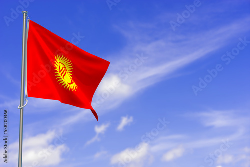 Kyrgyz Republic Flag Over Blue Sky Background. 3D Illustration