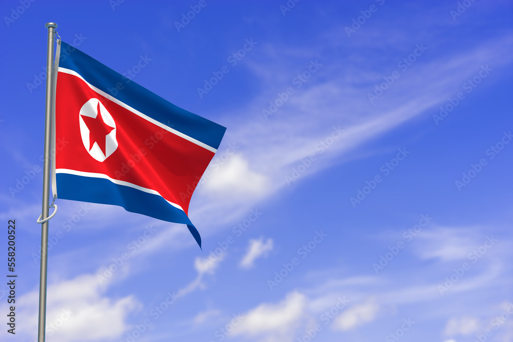 Democratic People's Republic of Korea Flag Over Blue Sky Background. 3D Illustration Democratic People's Republic of Korea Flag Over Blue Sky Background. 3D Illustration