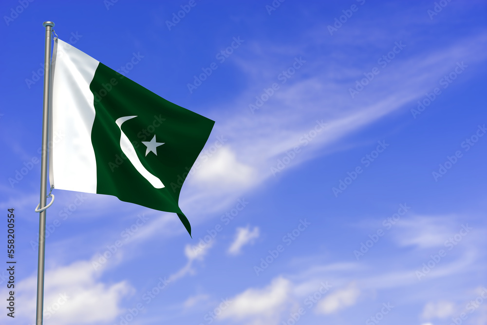 Islamic Republic of Pakistan Flag Over Blue Sky Background. 3D Illustration Islamic Republic of Pakistan Flag Over Blue Sky Background. 3D Illustration