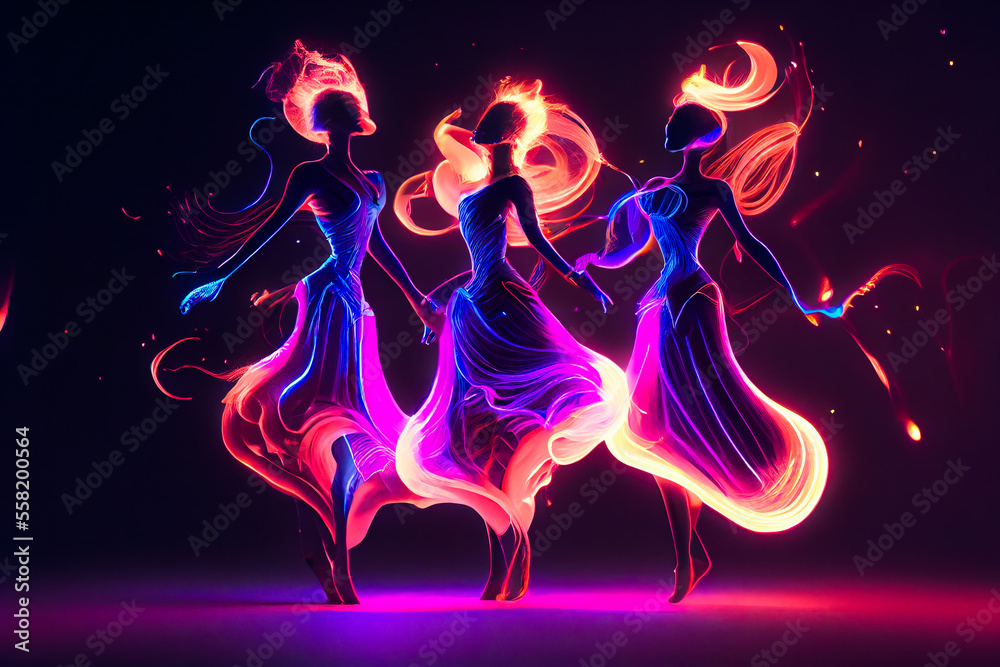 Dancing modern girl moving in colorful neon light. Generative AI. Dancing modern girl moving in colorful neon light. Generative AI.