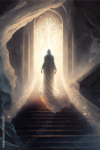 Gates of heaven. Stairway to heaven. Paradise. Golden sky. Jesus and god. Heavenly. Long white flowing robe. Light burst. Angel of life. Archangel. Life after death.