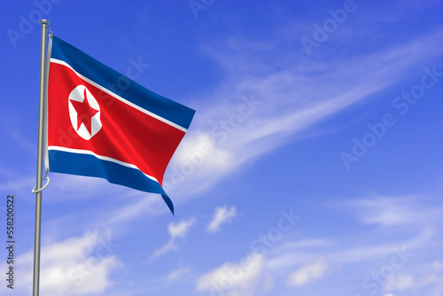Democratic People's Republic of Korea Flag Over Blue Sky Background. 3D Illustration