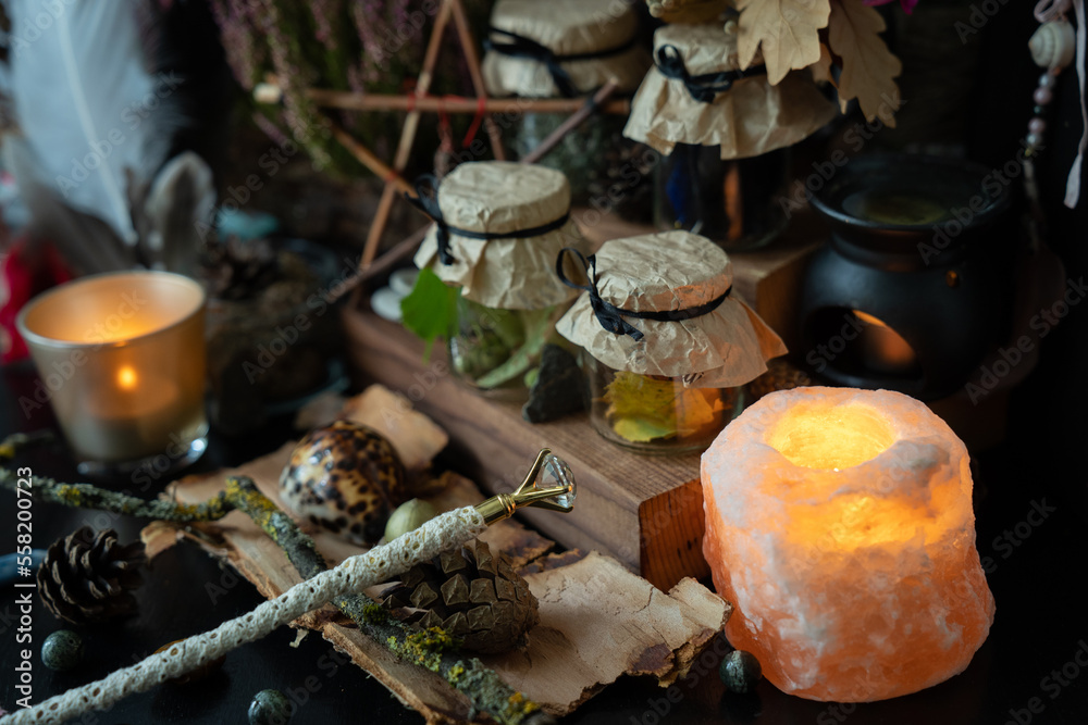 Magic items scene. Witchcraft objects background.