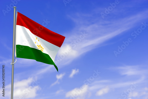 Republic of Tajikistan Flag Over Blue Sky Background. 3D Illustration