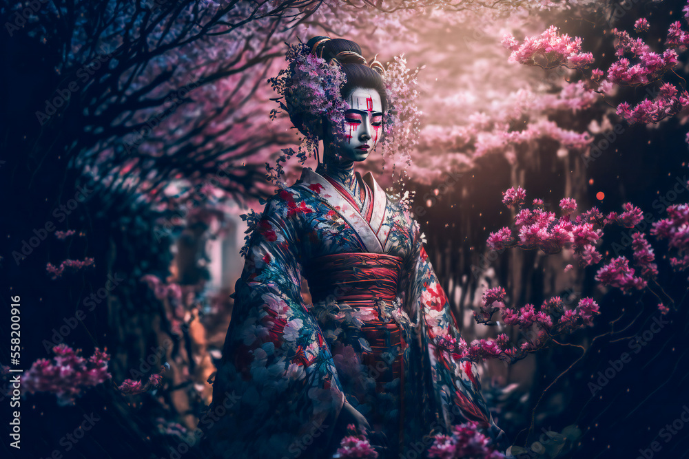 Geisha in an intricate kimono, sakura garden background. Young pretty geisha in colorful kimono.  Image created with Generative AI technology.