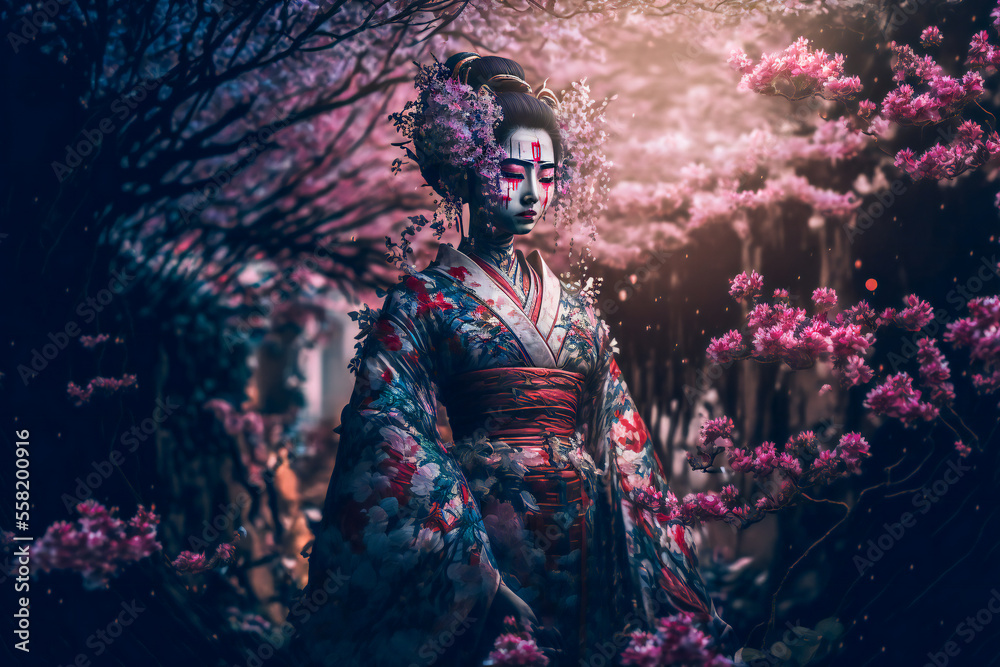 Geisha in an intricate kimono, sakura garden background. Young pretty geisha in colorful kimono. Image created with Generative AI technology. Geisha in an intricate kimono, sakura garden background. Young pretty geisha in colorful kimono. Image created with Generative AI technology.
