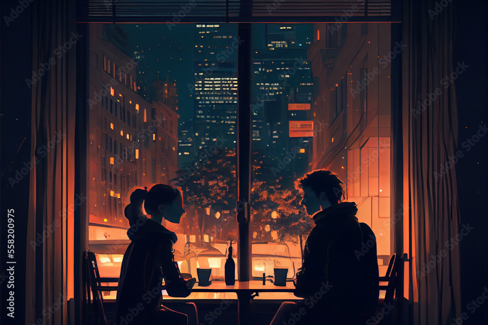 Valentines Day concept with young couple of man and woman celebrating, dating at night, illustration