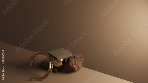 stone box for product display with nature elementon tabletop, 3D rendering