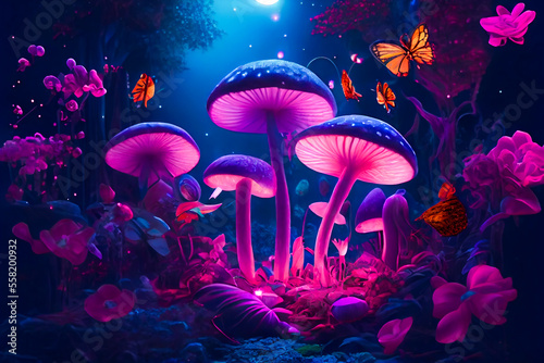 Glowing mushrooms in the night forest. Generative AI.