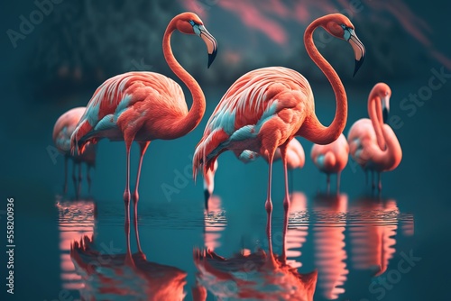 flamingo birds standing on a beautiful lake