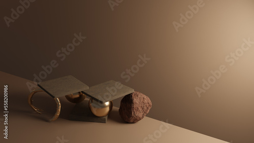 stone box for product display with nature elementon tabletop, 3D rendering