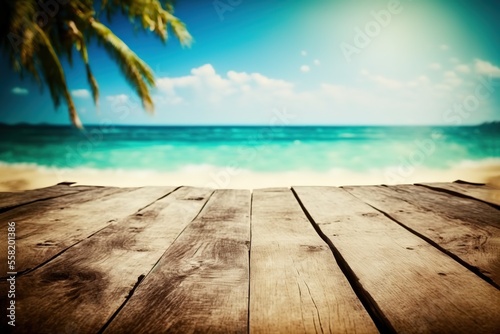Empty Wooden Planks With Blur Beach And Sea On background stock photo Beach, Summer, Backgrounds, Tropical Climate, Table