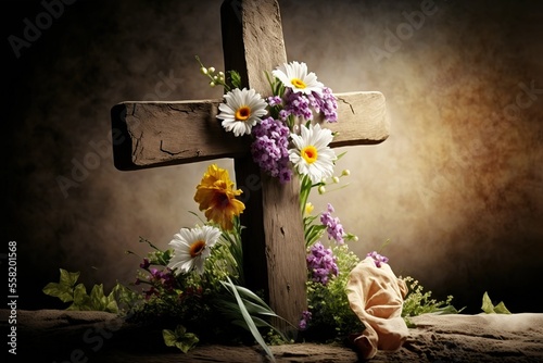 Easter Sunday service with a cross and flowers photo