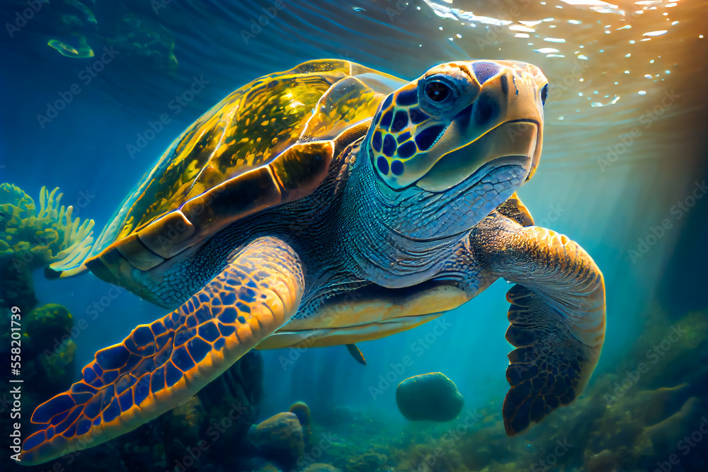 Fototapeta premium Sea turtle swims under water. Generative AI.