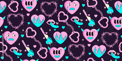 Y2k neon seamless pattern  of funny cartoon hearts and elements. In psychedelic weird style. Vector hand drawn background. Trendy neon 2000s style. Anti valentines day conception. Pink, blue color.