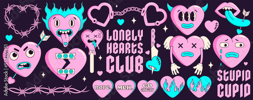 Y2K groovy anti valentines day conception. Sticker pack of funny cartoon hearts and elements. Set of comic elements in trendy psychedelic weird cartoon style. Trendy neon 2000s style.