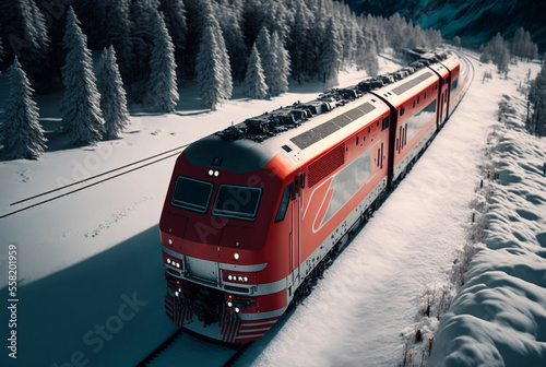 Beautiful red high speed train in snowy mountains at sunset in winter. Generative AI. Modern intercity passenger train, forest in snow, rocks. Railway platform. Railroad. Commercial transportation