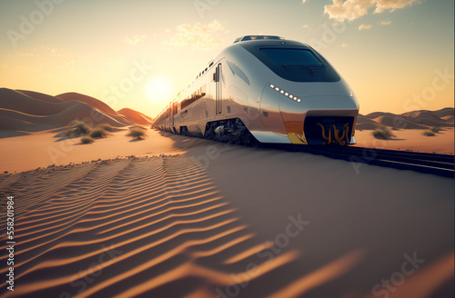 Beautiful high speed train in desert at sunset in summer. Generative AI. Modern intercity passenger train, sand, blue sky with clouds. Railway tourism. Railroad. Commercial transportation. Art