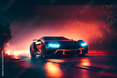 Sports car racing in the night.  Generative AI. © EwaStudio