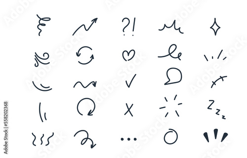 Set of hand-drawn cartoon expression sign doodle line stroke. Movement drawing effect, curve express directional arrows,character emotion symbols, emoticon effects design elements.