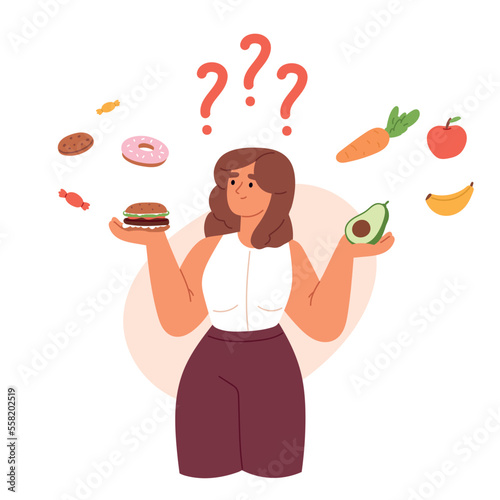 Healthy and unhealthy food Concept. Choice between nutrition. Fastfood, snack, sweet and fat eating versus fructs set. Useful habit. Flat vector illustration photo