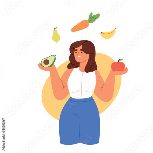 Woman with farm vegetable. Organic food market. Nature health product for eating. Flat vector illustration