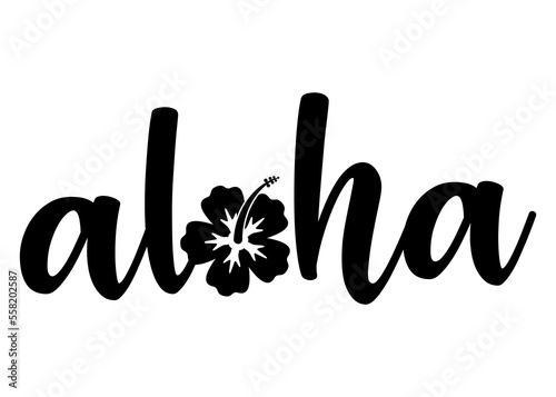 Logo destino de vacaciones. Letras de la palabra hawaiana aloha en texto manuscrito con silueta de flor de hibisco en lugar de letra o photo