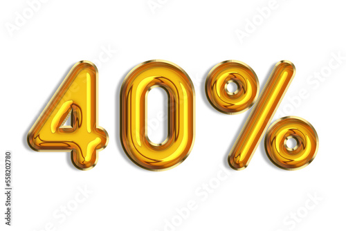 40% off discount promotion sale made of realistic 3d gold helium balloons. Illustration of golden percent symbol for selling poster, banner, ads, shopping concept. Numbers isolated on white background