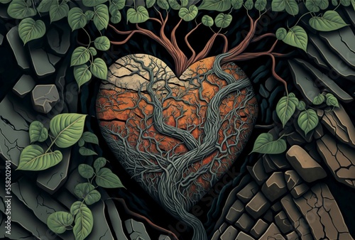 illustration, rock heart covered with plants, fantasy, 3D illustration.