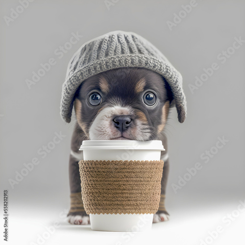 Cute puppy dog wearing a knit wool beanie, holding cup of coffee illustartion Generative AI	