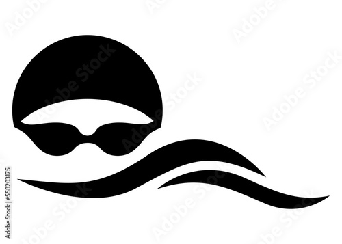 Icono plano aislado con silueta de cabeza de nadador con sombrero de natación y gafas protectoras con olas