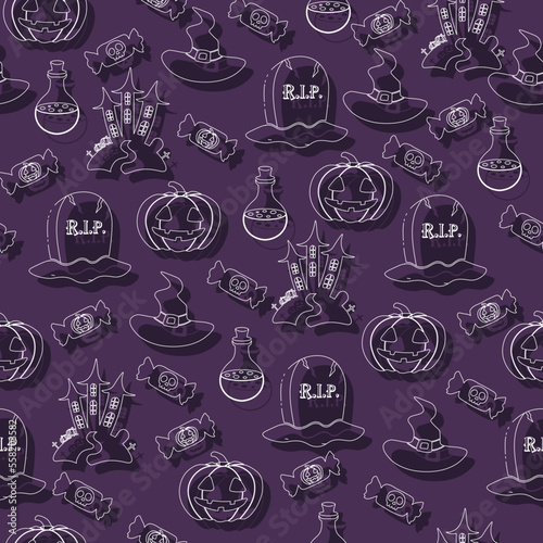 Vector Halloween pattern with candy,grave,Halloween pumpkin,witch hat,castle,potion flask.Use for event invitation,discount voucher,advertising,greeting card,logo,packaging,textile,web