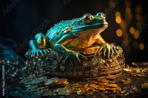 Abstract picture of the Chinese Feng Shui lucky money frog with coin. Generative AI. Wellness and rich concept. photo