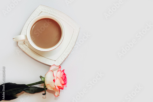 Pink tea rose with a cup of coffee on a white background.