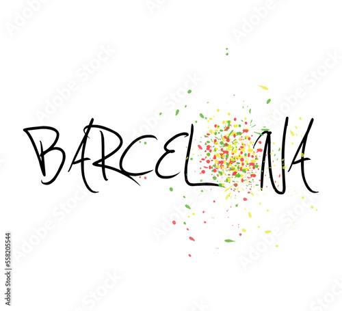 decorative barcelona text with colorful paint drops on white background