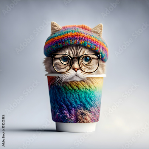 Cute hipster cat wearing a knit wool beanie  holding cup of coffee illustartion