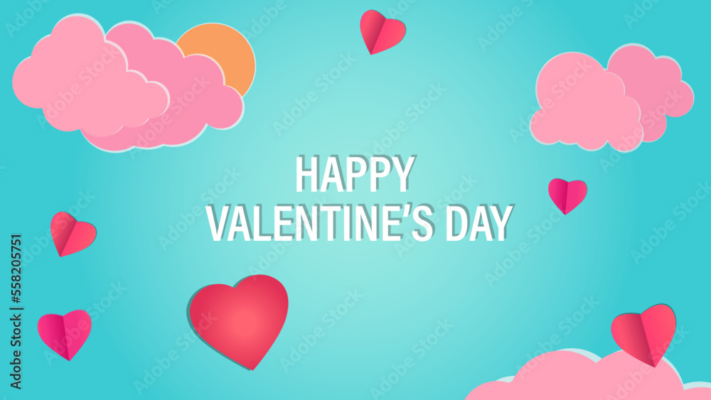 Valentine background with pink sky and heart shaped paper cut. Place for text. Valentine's day sale header or voucher template with heart