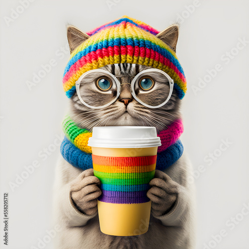 Cute hipster cat wearing a knit wool beanie, holding cup of coffee illustartion Generative AI
